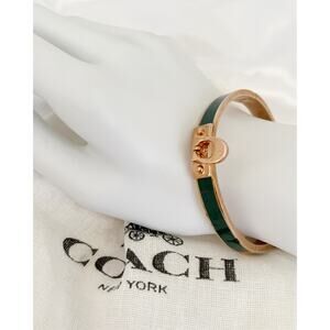 COACH Signature Push Hinged Bangle Green Enamel Rose Gold Toned Brass C Charm